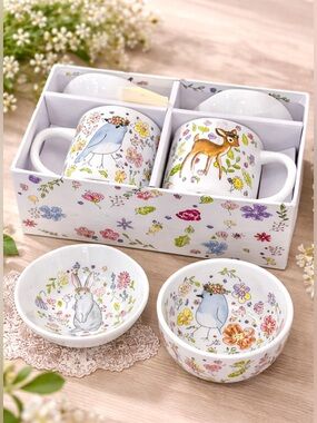 White Floral Woodland Ceramic Mug and Bowl Set - Illustrated Animals